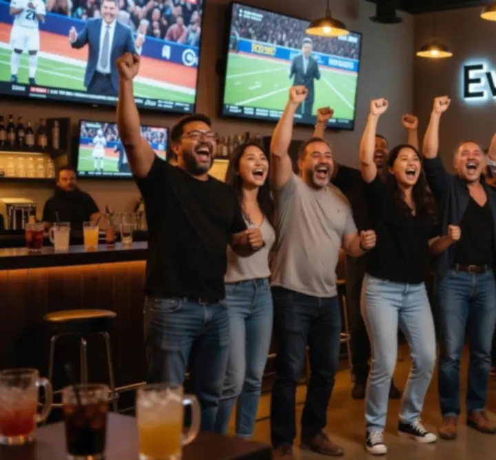 Kibice świętujący gola w nowoczesnym barze sportowym