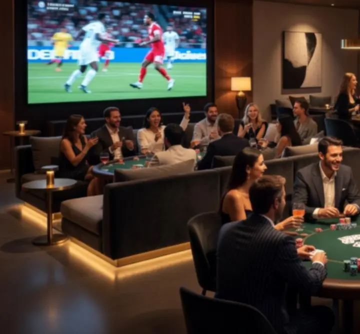 Scena z jednego z wydarzeń w KOOL Aleksandra Kuleta: goście przy stolikach, bar i ekrany w tle.