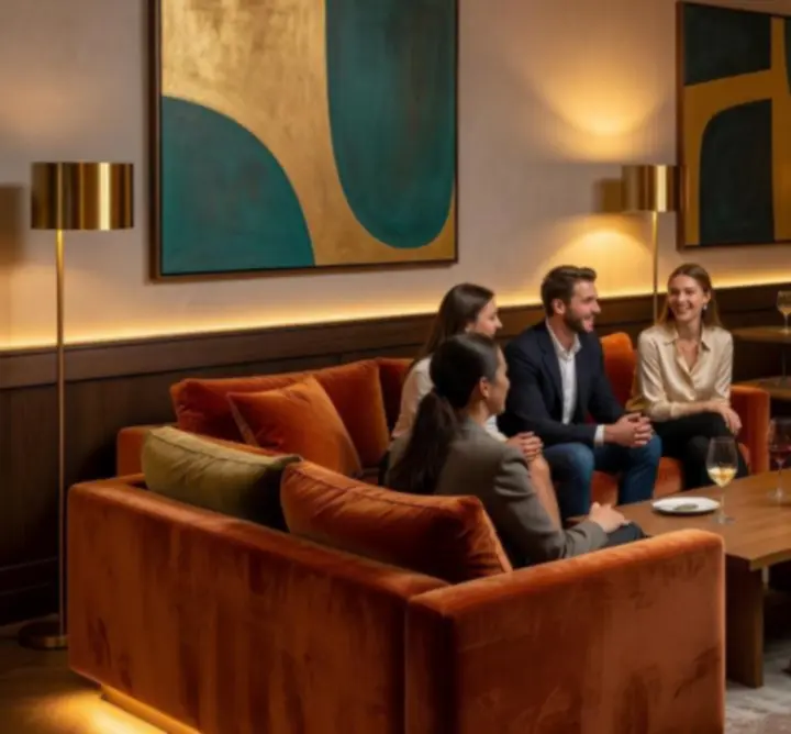 Designerska strefa lounge w KOOL Aleksandra Kuleta – wygodne sofy, nastrojowe światło i bar.