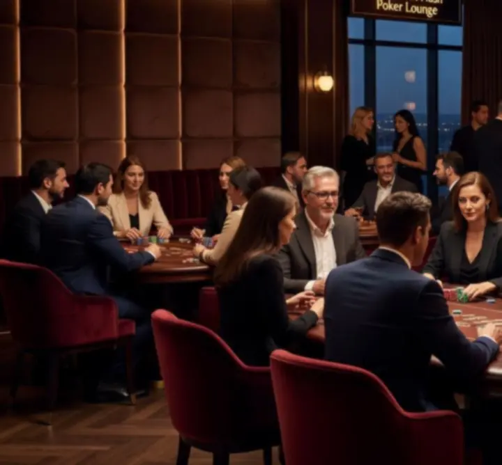 Strefa pokerowa offline z graczami przy stolikach w wieczornym świetle