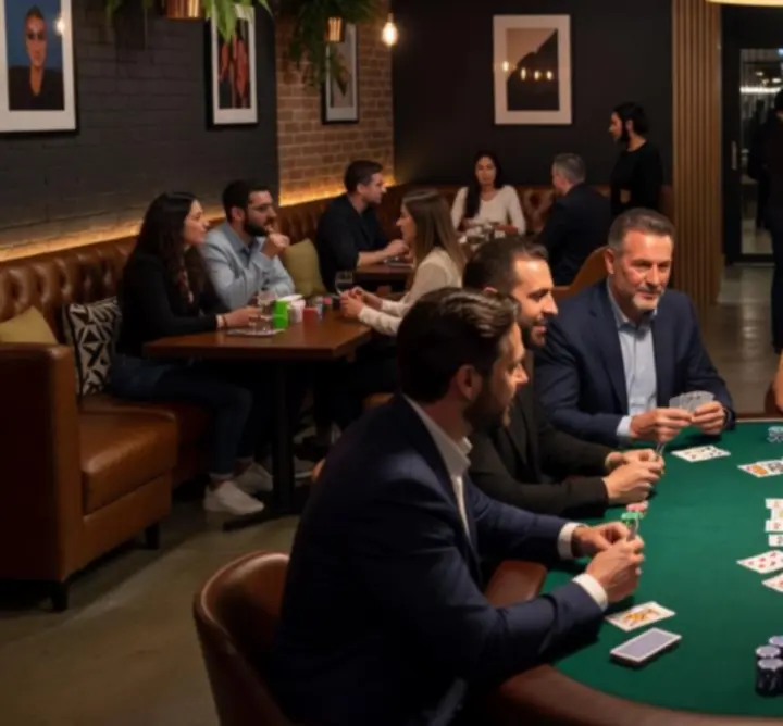 Wieczór pokerowy offline w KOOL Aleksandra Kuleta, gracze przy stole w klimatycznym oświetleniu.