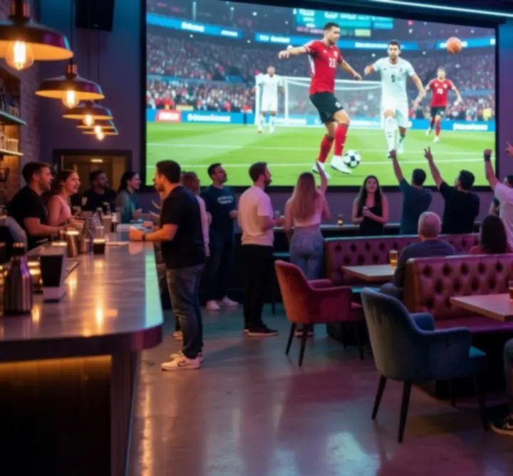 Sportowy bar z dużym ekranem i kibicami podczas transmisji na żywo