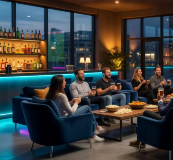 Goście KOOL Aleksandra Kuleta oglądają transmisję sportową na dużym ekranie.